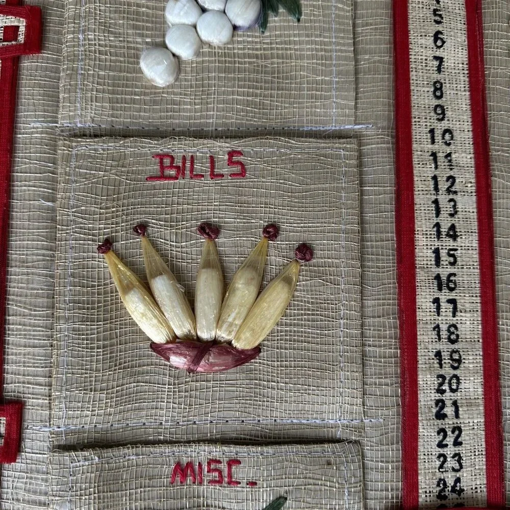 Vintage Wall Pocket Letter Organizer Holder Woven Straw Raffia Calendar